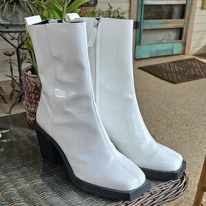 ASOS DESIGN Heeled chelsea boot in white patent faux leather contrast sole 11